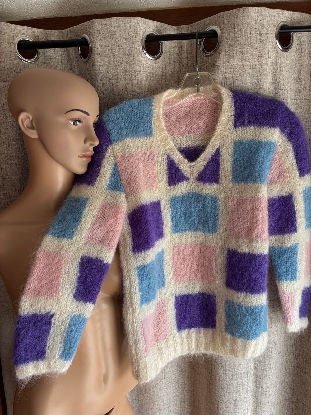 Vintage Hand Knitted Checkered Mohair-Blend V-Neck Sweater in Pink, Blue Purple